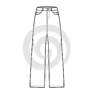 Baggy Jeans Denim pants technical fashion illustration with full length, low waist, rise, 5 pockets, Rivets, belt loops