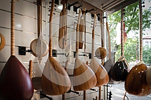 Baglama is a Turkish folk music instrument. Inside view of a baglama shop