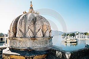 Bagore Ki Haveli and Mohan Temple with Pichola lake in Udaipur, India