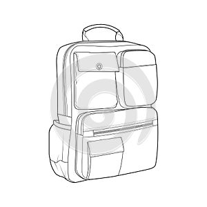 Bagpack outline drawing vector, Bagpack in a sketch style, trainers template outline, vector Illustration.