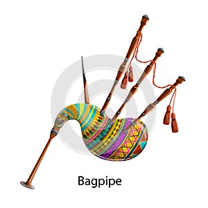 Bagpipe in bright colors and tassels on a white background