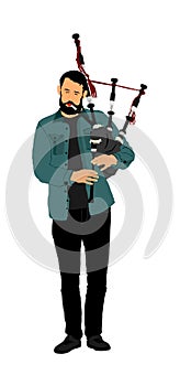 Bagpiper musician  on white background. Street perform. Music performer play on traditional instrument. Bagpipe, pipes.