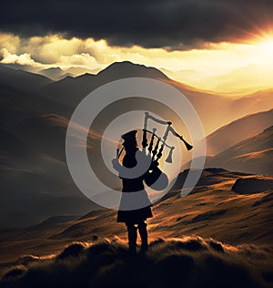 Bagpiper on the Scottish Highlands