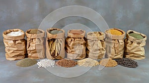 Bags contain various grains staple food from plant seeds