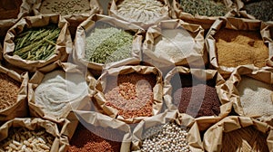 Bags contain various grains staple food from plant seeds