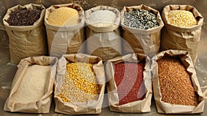 Bags contain various grains staple food from plant seeds