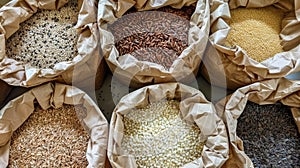 Bags contain various grains staple food from plant seeds