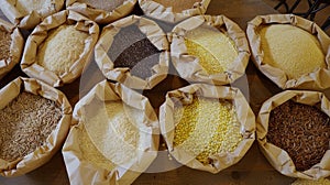 Bags contain various grains staple food from plant seeds