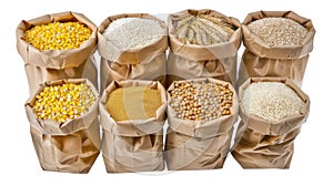 Bags contain various grains staple food from plant seeds