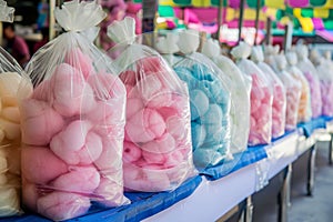 Bags of cotton candy candy floss on a stall at a market