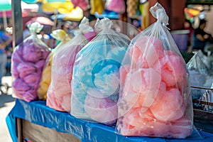 Bags of cotton candy candy floss on a stall at a market