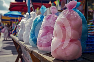 Bags of cotton candy candy floss on a stall at a market
