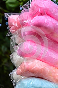 Bags with cotton candy of various colors