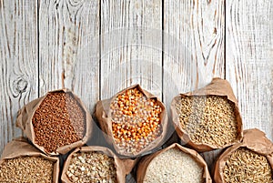 Bags of different cereal grains