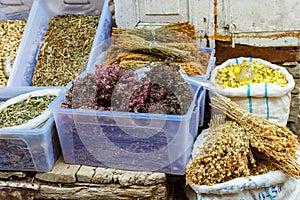 Bags of dried herbal tea for sale at city local market. Lahic. Azerbaijan