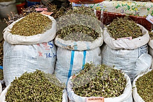 Bags of dried herbal tea for sale at city local market. Lahic. Azerbaijan