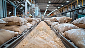 Bags filled with rice inside warehouse