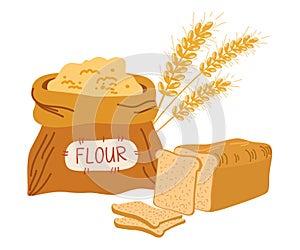 Bags flour, wheat ears and bread. Wheat, rye, rye ear, symbol of farming, bread, harvest. Whole grain, yeast baked bread. food