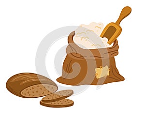 Bags flour, wheat ears and bread. Wheat, rye, rye ear, symbol of farming, bread, harvest. Whole grain, yeast baked bread. food