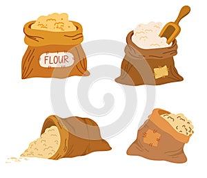 Bags flour and wheat ears set. Wheat, rye, rye ear, symbol of farming, bread, harvest. Whole stems, an organic vegetarian element