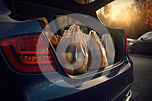 Bags with groceries in the trunk of a car, close-up