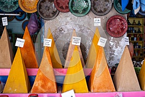 Bags of herbs and spices for sale in souk, Medina, Marrakesh, Morocco.