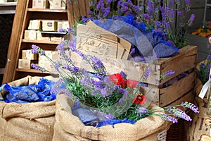 Bags of lavender seeds at market in Menton, France