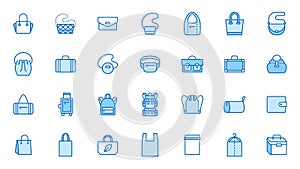 Bags line icon set. Purse types - tote, briefcase, fanny pack, shopper, luggage, plastic bag minimal 