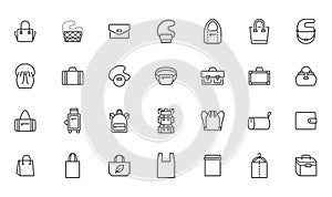 Bags line icon set. Purse types - tote, briefcase, fanny pack, shopper, luggage, plastic bag minimal vector