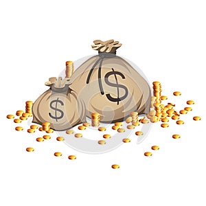 Bags of money. Gold coins stack. Business illustration isolated on white background.