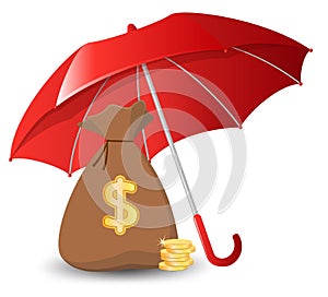 Bags of money and golden coins under an umbrella