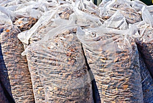 Bags with mulches used for garden decorating