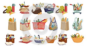 Bags with products and grocery, shopping for food