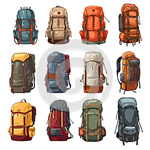 Bags set. Backpack, schoolbag, suitcase, sack, Set of Cartoon backpacks, travel bags. Large collection of backpacks or rucksacks.