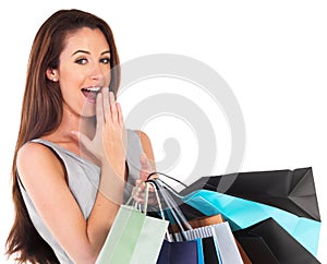 Bags, shopping and wow with portrait of woman in studio  on white background for bargain or sale. Retail, store