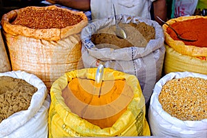 Bags of spices in market in Sri Lanka