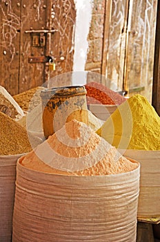 Bags of spices, saffron, salt market, Sana'a, Yemen