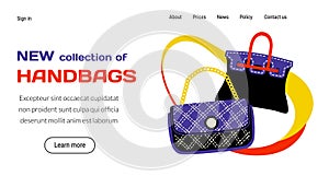 Bags store landing page. Fashion collection. Accessories assortment. Fashionable clothing boutique. Leather purse