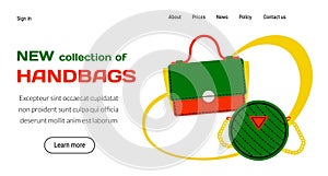 Bags store landing page. Fashion collection. Online shopping. Trendy handbags. Leather purse or tote. Stylish