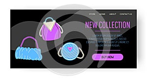 Bags store landing page. Fashion collection. Trendy accessories. Fashionable clothing boutique. Leather purse and tote