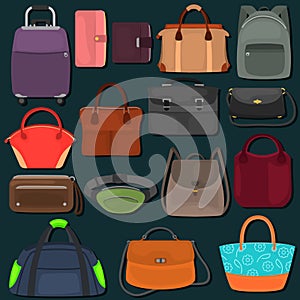 Bags and wallets color flat icons set