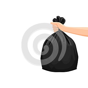 Bags waste, garbage black plastic bag in hand isolated on white background, bin bag plastic black for disposal garbage, icon bag