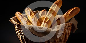Baguette bread cake on rattan basket and napkin copy space background