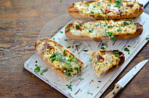 Baguette bread stuffed with cheese for breakfast