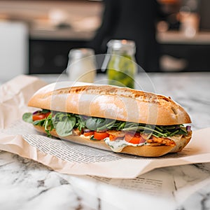 baguette with chicken, tomato and arugula on the table