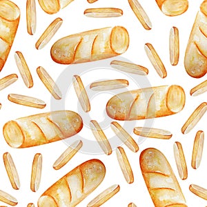 Baguette crouton, sliced bread watercolor seamless pattern