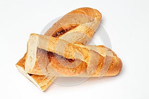 Baguette cut in half, Baguette bread, French bread, Organic baguette francese on white