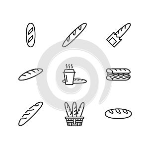 Baguette, food flat line icons. Bread house, french loaf in basket vector illustration, bakery products sign