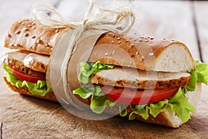 Baguette sandwich with grilled chicken