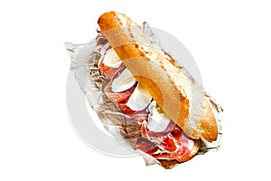 baguette sandwich with jamon ham serrano, paleta iberica, Camembert cheese. Isolated on white background. Top view.